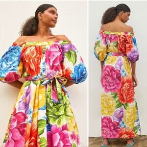 Anthropologie Farm Rio Rainbow Chita Off Shoulder Maxi Dress Small puff sleeve